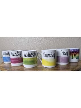 Colorful Galileo Espresso Mugs Days of Week 6 Pc Set Rainbow Colors Porcelain